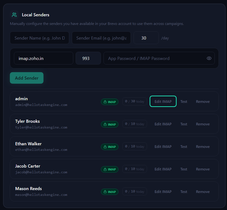 Local senders multi-domain warmup panel